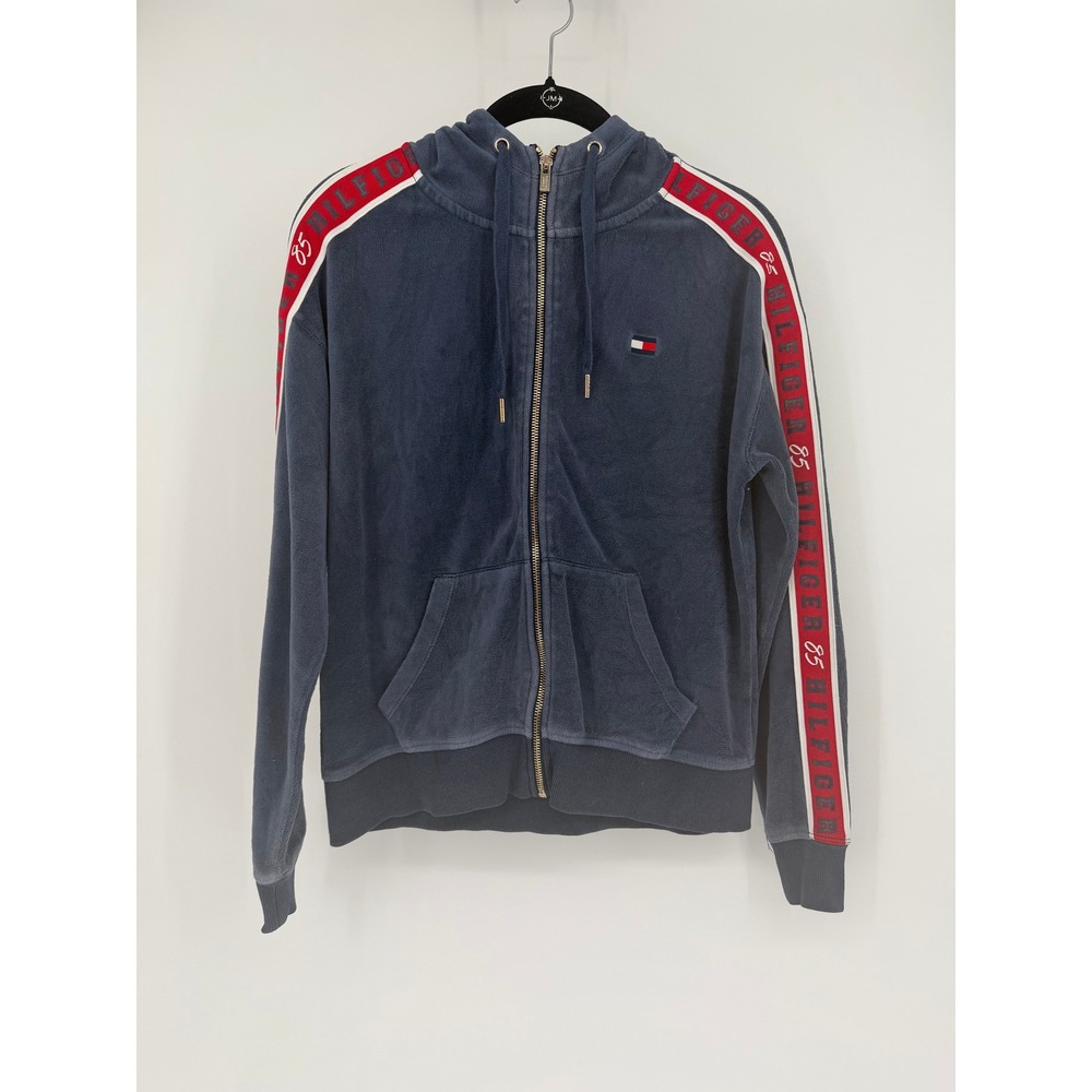 Tommy Hilfiger Sport Navy Velour Zip Up Hoodie Logo Tape Sleeves Womens XS